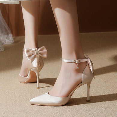 Petite Feet Ankle Strap Satin Heels With Bow Tie ES107