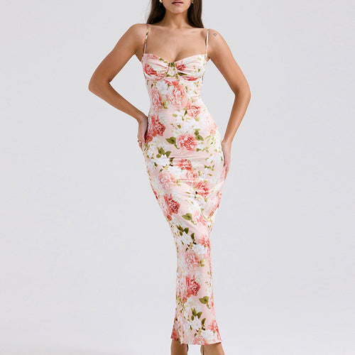 Petite Flower Printed Sling Long Dress PCD14