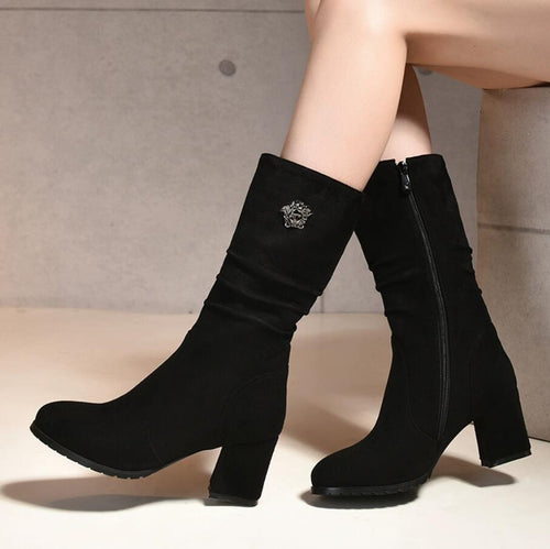 Petite Mid Calf Chunky Heel Round Toe Boots GS202