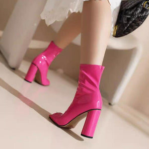 Petite Peep Toe Chunky High Heel Patent Boots TS99