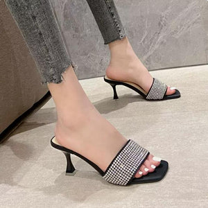 Petite Size Rhinestone Strap Slip On Heeled Sandals MS536