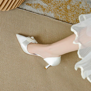 Petite White Silk Satin Side Empty Heeld Shoes TS108