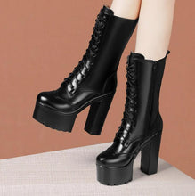 Small Feet Chunky High Heel Lace Mesh Calf Boots TS126