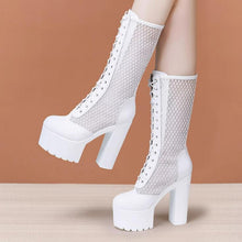 Small Feet Chunky High Heel Lace Mesh Calf Boots TS126