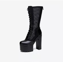 Small Feet Chunky High Heel Lace Mesh Calf Boots TS126