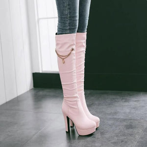 Small Size Chunky High Heel Knee High Boots TS210