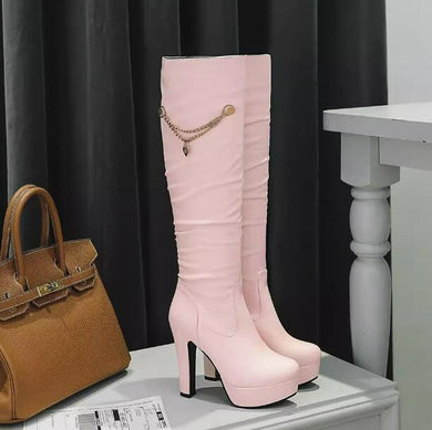 Small Size Chunky High Heel Knee High Boots TS210