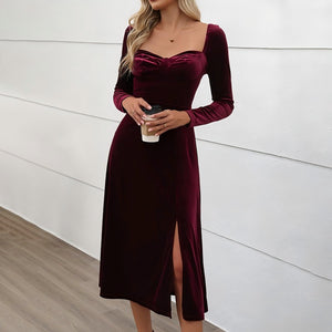 Velvet Solid Color Square Neck Dress PCD60