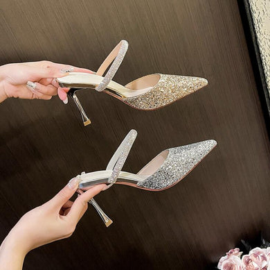 Women's Petite Slip On Glitter Upper Heeled Shoes MS567