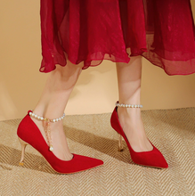 Women's Red Suede Heels With Pearl Ankle Straps TS337