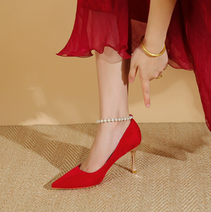 Women's Red Suede Heels With Pearl Ankle Straps TS337