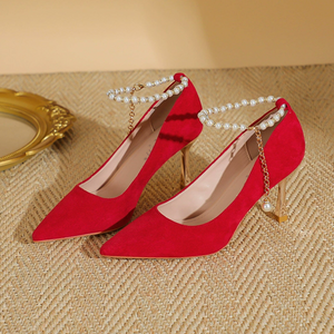 Women's Red Suede Heels With Pearl Ankle Straps TS337