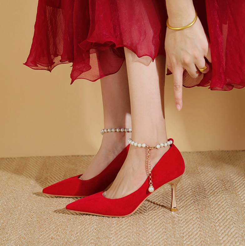 Women's Red Suede Heels With Pearl Ankle Straps TS337