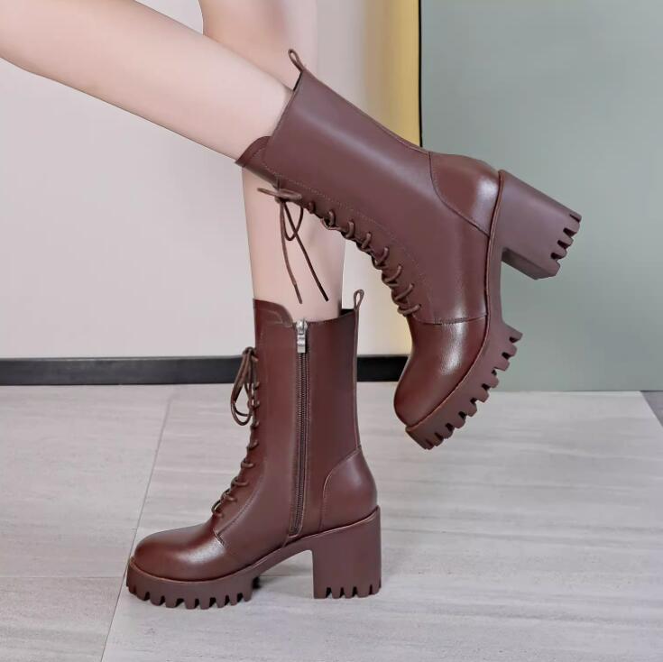 Women's Small Size Chunky Heel Leather Boots TS226