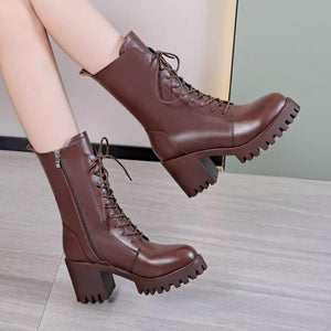 Women's Small Size Chunky Heel Leather Boots TS226