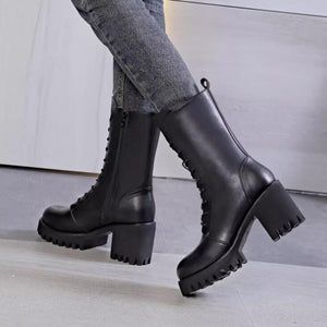 Women's Small Size Chunky Heel Leather Boots TS226