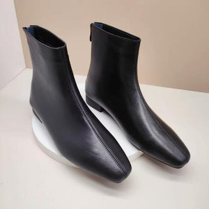 Women's Square Toe Block Low Heel Leather Boots TS254